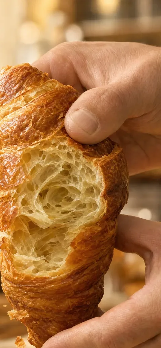 A hand pulls open a butter croissant