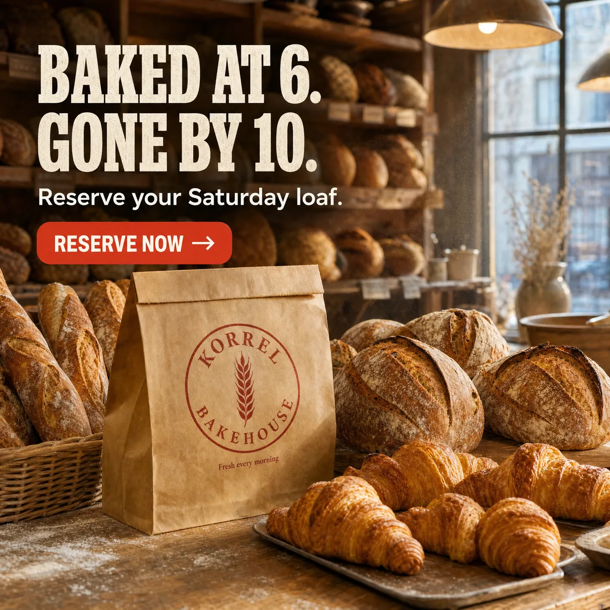 A rustic bakery counter piled with sourdough, baguettes and croissants around a Korrel Bakehouse paper bag in early-morning light.