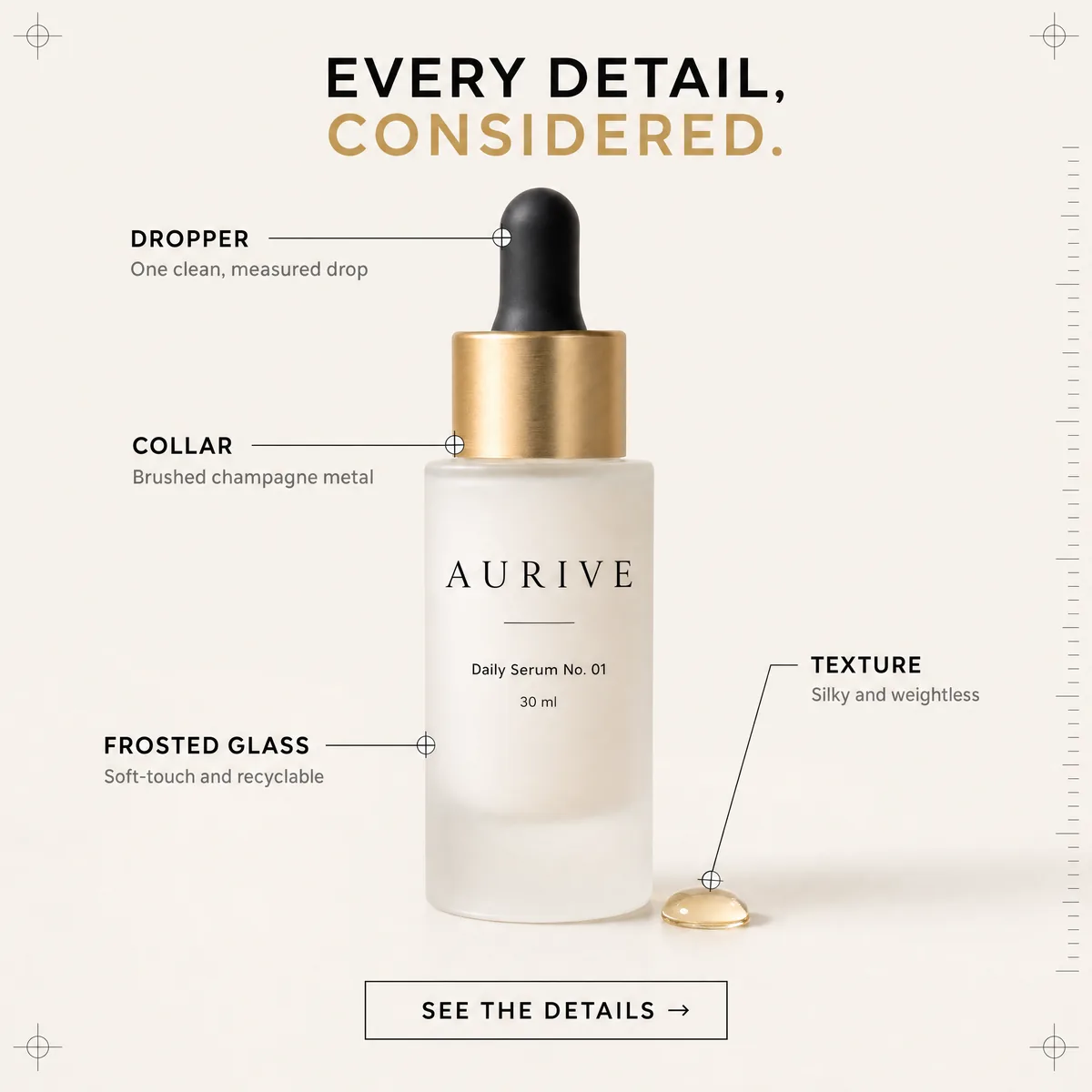 A clean infographic of the Aurive serum bottle with thin callout lines labelling the dropper, gold collar, frosted glass and serum texture.