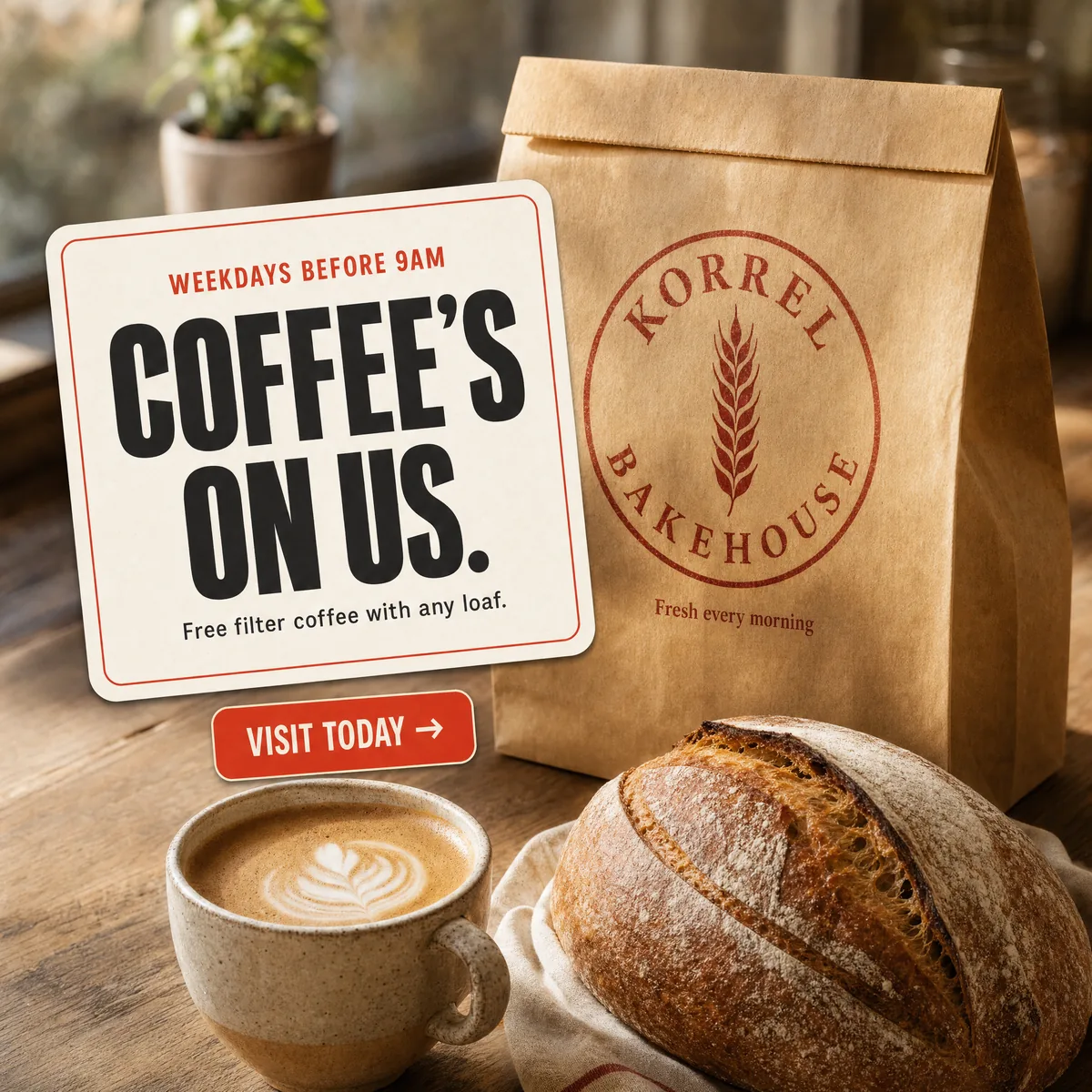 A cream offer card reading "Coffee's on us" beside a Korrel paper bag, a sourdough loaf and a latte on a wooden counter.