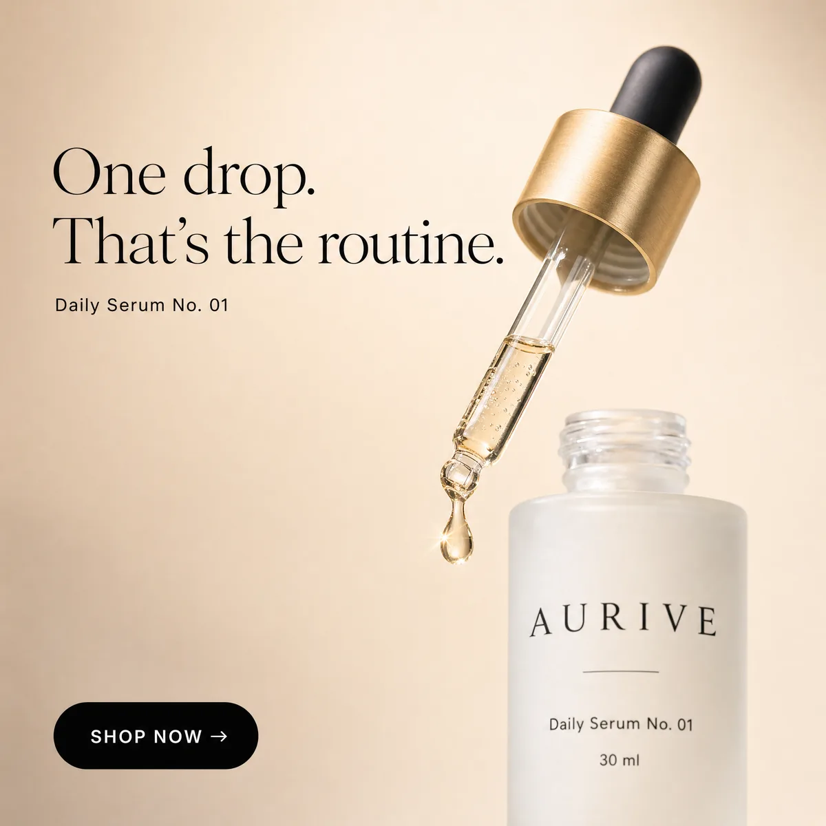 A macro shot of a single golden serum drop hanging from the Aurive glass pipette above the open frosted bottle.