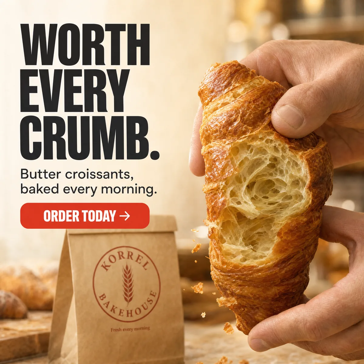 A hand pulls open a golden butter croissant close to the camera, showing its flaky honeycomb layers, with a Korrel bag behind.